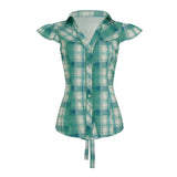 Daiiibabyyy  New American Style Y2k Retro Green Plaid Shirt Women Fly Sleeves Polo Collar Tie Waist Spicy Girl Top