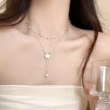 Daiiibabyyy Elegant Pearl Camellia Double Layer Necklace Women Light Luxury Premium Feeling Temperament Collarbone Chain Party Gift