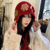 Daiiibabyyy  Cute Tassels Crochet Knitted Hat Hollow Out Handmade Knit Cap Korean Bohemian Style Weave Cap Travel