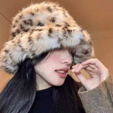 Daiiibabyyy  Korean Style Leopard Print Fuzzy Bucket Hats Warm Thickened Plush Winter Fisherman Hat Adult Unisex Animal Pattern Caps Headwear