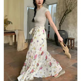 DAIIIBABYYY  -  Summer Korean Elegant Patchwork Elasticized Floral Printing Skirt New Fashionable Sweet High Waist Folds Skirts Women's Clothing