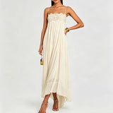 Daiiibabyyy  Elegant Lace Embroidery Splice Party Dress Lady Fashion Sleeveless Pleat Solid Long Dress Sexy Off Shoulder Silk Suspender Dress