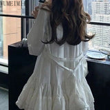 Daiiibabyyy  Autumn New White  Big Skirt Three-dimensional Waist Bottom Long Sleeve Shirt Dress  dresses for women