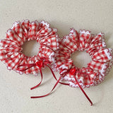 Daiiibabyyy  1PC Red And White Plaid Scrunchie With Lace Trim And Heart Button,Cute Hair Accessory For Women, Stylish Hair Tie For Daily Wear