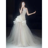 Daiiibabyyy  Bridal Tulle Mermaid Wedding Dress Sweetheart Sleeveless with Pleat and Ruffles Sexy Open Back Sweep Train Sheath Gowns Robe