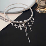 Daiiibabyyy  Cross Rivet Tassel Pearl Beaded Choker Women Cool Trendy Gothic Style Necklace y2k Fashion Jewelry
