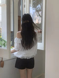 DAIIIBABYYY  -  2025 Korean Chic Summer New Style Romantic Texture Temperament Off Shoulder Ruffle Edge Short Sleeved Shirt Top