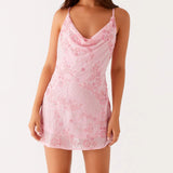 Daiiibabyyy  Women Summer Fashion Sleeveless Swing Collar Back Bandage Mini Dresses Flower Sequins Beaded Embroidery Cowl Neck Cami Dress