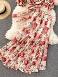 DAIIIBABYYY  -  Bohemian Pink/Blue Floral Print Chiffon 2pcs Set Women Summer Bandage Short Tops + High Waist Mermaid Skirt Female Sets