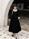 Daiiibabyyy  Vintage Elegant Velvet Long Dress for Woman Autumn New Square Collar Puff Sleeves A Line Party Dresses Party Evening Vestidos