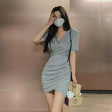 DAIIIBABYYY  -  New Short sleeved Women's Style Goddess Pleated Slim Fit Fashion Wrap Hip Deep V-neck Dress Short Skirt
