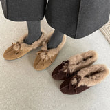 Daiiibabyyy  Retro Brown Satin Low Heel Pumps Women Fashion Bow Decorate Flat Loafers Autumn Winter Warm Fluffy Cotton Shoes Zapatos De Mujer