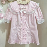 Daiiibabyyy  Costume Sweet Ruffles Blouses Spring Summer Japanese Style Puff Sleeve Women Shirts Retro Sweet Peter Pan Collar Blusas Mujer
