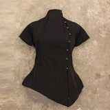 Daiiibabyyy  Fashion Solid Lapel Short Sleeve Slim Cropped Blouse Vintage Women Black Irregular Buttons Top Lady Daily Street Y2k Tops