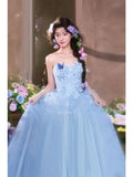 Daiiibabyyy  Blue Light Luxury Applique Wedding Dresses Women Sweetheart Strapless Lace Up Evening Bridal Dress Elegant Prom Party Ball Gown
