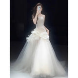 Daiiibabyyy  Bridal Tulle Mermaid Wedding Dress Sweetheart Sleeveless with Pleat and Ruffles Sexy Open Back Sweep Train Sheath Gowns Robe