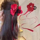 DAIIIBABYYY  -  RED Phalaenopsis Orchid Long Ribbon Hair Claw Flower Shark Clip Women Fairy Flower Hairpin Headwear Hair Accessories
