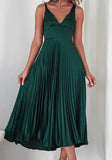 Daiiibabyyy  Summer Woman Dress Spaghetti Strap V Neck Maxi Dress Pleated A Line Silhouette Elegant Party Evening Dress Yellow Teal Emerald