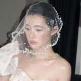 Daiiibabyyy  Vintage Pearls Beads Brides Veil Tassels White Wedding Veils Tulle Short Bride Head Gauze Headdress