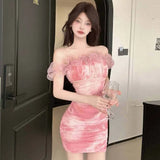Daiiibabyyy  Sexy One-shoulder Mesh Printed Dress for Women in Pure Desire Style, Waist-hugging, Sexy Hot Girl Tight Buttocks