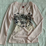 Daiiibabyyy  Pink Printed Long Sleeved T-shirt Women Spring New American Hong Kong Style Waist Cinched V-neck Y2k Top Trend
