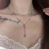 Daiiibabyyy  Double Layered Silver Color Bead Necklace Simple Thin Chain Round Beads Tassels Trendy Design Collarbone Chain Women's Jewelry