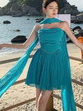 DAIIIBABYYY  -  Blue Sexy Strapless Princess Birthday Party Dress Summer Holiday Beads Belt A Line Mini Dress Slash Neck Ribbon Slim Short Skirt