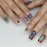 Daiiibabyyy  24pcs French Style Smudging False Nails Mid-length Square Shaped Fake Nail Full Cover Sweet Cool Wearable Press On Nail For Girl