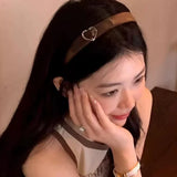 Daiiibabyyy  Fashion Coffee Brown Leather Buckle Hairband Hair Accessories Head Band for Women Spring Autumn Warm PU Leather Heart Headbands
