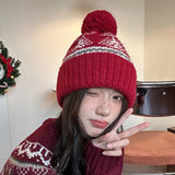 Daiiibabyyy  Japanese Retro Jacquard Knitted Pullover Hat for Women Autumn and Winter Ear Protectors Thickened Warm Skull Beanie Cap