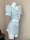 Daiiibabyyy Elegant Chic Vintage Tweed Sets Women Outfits Puff Sleeve Double Breasted Cropped Tops + Asymmetrical Mini Skirt Two Piece Suits