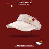 DAIIIBABYYY  -  Korean New Small Fresh and Sweet Plaid Button Empty Top Hat Women's Summer Outdoor Versatile Sunshade Drawstring Sun Cap Gorras