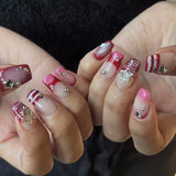 Daiiibabyyy  24pcs Vintage French Style Stripes Press On Nails Cartoon Ladybug Button Designs Coffin False Nails Blue Brown Plaid Fake Nail
