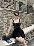 DAIIIBABYYY  -  Black Sequin Camisole Dress Women Summer Short Stature Waist Cinching Temperament Ballet Style A-line Fluffy Short