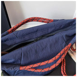 Daiiibabyyy  Vintage Multi-pocket Large Tote Bag Drawstring Shoulder Contrast Webbing Crossbody For Outdoor Hiking Daily Commute Handbags