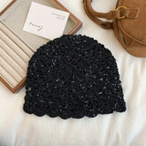 Daiiibabyyy  New Spring and Summer Hand-knitted Sequin Openwork Knitted Cold Hat Women's Literary Crochet Versatile Fashion Beanie Caps