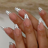 Daiiibabyyy  24Pcs Mid-length Almond Press on Fake Nails Blue French Coffee Flower Polka Dot False Nails Art Rhinestone Full Cover Nails Tips