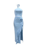 DAIIIBABYYY  -  Solid Minimalist Two Piece Sets for Women Halter Sleeveless Short Tops High Waist Spliced Appliques Skirts Chic Set Female