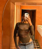 Daiiibabyyy  Women Sexy Rhinestone Hollow-out Fishnet Bodysuit Fashion Crew Neck Full Sleeve Slim Solid Top New Lady High Street Tops