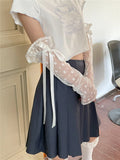 DAIIIBABYYY  -  Lolita Lace Floral Ribbon Cuffs Bow Fingerless Gloves Elastic Mesh Elbow Gloves Jk Kawaiii Sunscreen Sleeve Clothing Accessories
