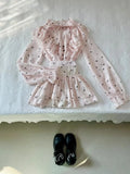 Daiiibabyyy  New Elegant Pink Polka Dot Heart Print 2 Piece Set Women Sweet Long Sleeve Tops + Mini Skirts French Chic Korean Popular Clothes