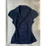 Daiiibabyyy  French Retro Vintage Temperament Navy Blue Lace Up Button T-shirt Slim Fit Slimming Top Women