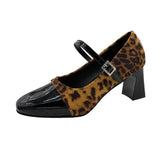 Daiiibabyyy  Summer New Square Toe Women's High Heels Buckle Strap Dress Pumps with Leopard Plus Size Chunky Heels Fashion Ladies Shoes