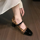Daiiibabyyy  Summer New Square Toe Women's High Heels Buckle Strap Dress Pumps with Leopard Plus Size Chunky Heels Fashion Ladies Shoes