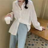 DAIIIBABYYY  -  Temperament Collar Shirt Women's Single Breasted Simple and Versatile Dark Striped Long Sleeved Shirt