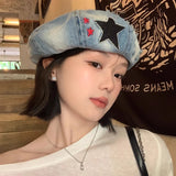 Daiiibabyyy  Japanese Retro Star Embroidered Denim Berets Cap Y2K Summer and Autumn Casual Versatile Literary Personality Women's Hats
