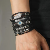 Daiiibabyyy  Ethnic Retro Multi-layer Devil's Eye Angel's Wings Star Black Wax Rope Leather Bracelets for Women Men Trendy Punk Jewelry Gifts