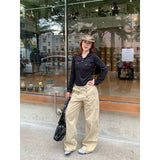 Daiiibabyyy  Women Khaki Cargo Denim Jeans Baggy Y2K Harajuku High Street 2000s Style Retro Wide Leg Jeans Long Pants Clothing Autumn