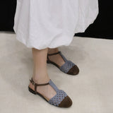 Daiiibabyyy  Comfort Round Toe Woven Hollow Flat Sandals for Women Splicing T-strap Buckle Roman Sandals Elegant Low Heel Party Dress Pumps