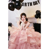 Daiiibabyyy  Princess Pink Wedding Dresses Photo Shooting Dresses Sweetheart Strapless Tiered Tulle A-line Ball Gown for Birthday Customized